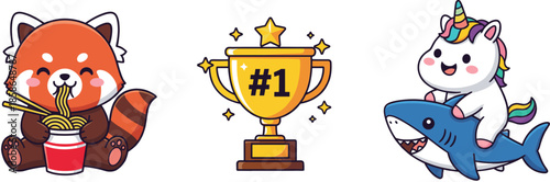 Cute cartoon animals illustration set with red panda eating noodles trophy winner and unicorn riding shark