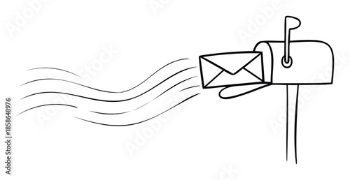 Mailbox dispatching a flying envelope with speed indication lines, perfect for communication applications, postal service advertisements, or urgent delivery concepts.