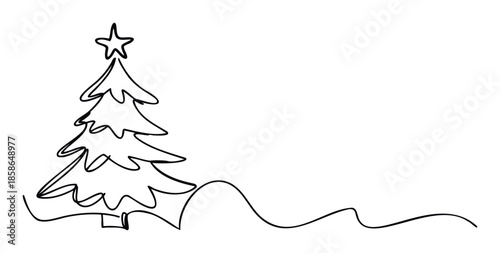 A simple continuous line drawing of a festive Christmas tree adorned with a star, perfect for holiday greetings, winter season invitations, or festive event promotions