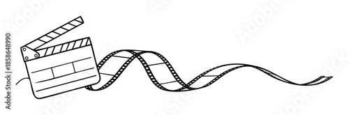 A graphic representation of a classic movie clapperboard and a flowing film strip symbolizing the magic of cinema and the filmmaking process for entertainment industry branding and visual
