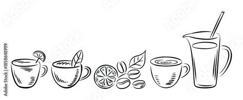 A collection of outlined drink icons showcasing coffee tea lemon and milk with associated ingredients perfect for cafe menu designs beverage product packaging or food related branding