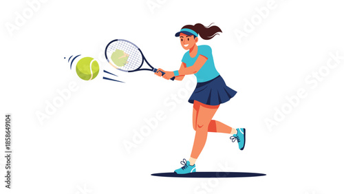 Dynamic and energetic illustration of a young woman enthusiastically playing tennis, focused on powerfully hitting a vibrant yellow tennis ball with her racket on the court.