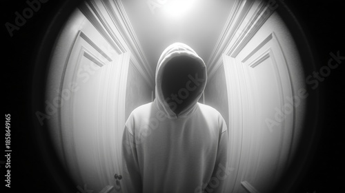 Hooded intruder seen through peephole at apartment door. Anonymous person in hoodie in hallway, black and white wide-angle view, home security and crime concept.