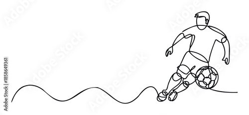 Dynamic single continuous line drawing of a soccer player skillfully dribbling a football perfect for sports events marketing athletic apparel or promotional materials
