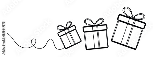 Continuous line drawing of three gift boxes with decorative bows progressively increasing in size perfect for holiday promotions special occasion announcements or celebratory event