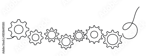 A continuous single line drawing of multiple meshing gears representing teamwork, connection, mechanical process, and progress, suitable for engineering, business, or technology related