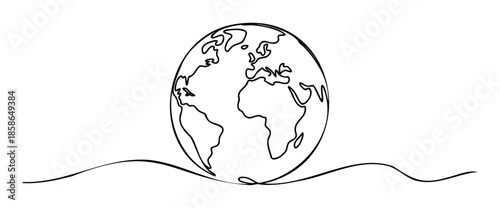 A continuous line drawing representing the planet Earth with continents on a subtle wavy base, excellent for global communication, environmental protection themes, and modern digital