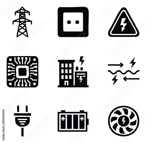 Electricity and power energy symbol collection showing transmission tower, wall socket, high voltage warning, microchip, power plant, battery, and cooling fan for technological projects.