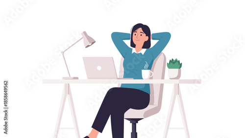 Content woman comfortably relaxing at her office desk, leaning back with hands behind her head and a serene smile, depicting a calm and comfortable work environment.