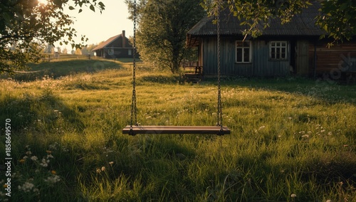 Wooden swing hanging from c...