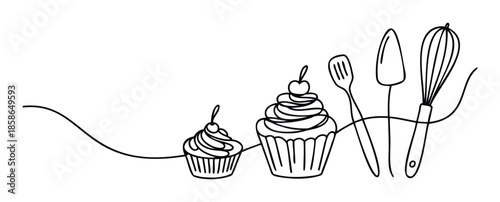 Continuous line drawing of two delicious cherry topped cupcakes and essential kitchen baking tools like a whisk and spatulas perfect for food blogs, pastry shop branding, or cooking class