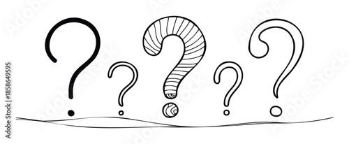 A collection of uniquely styled hand drawn question marks representing uncertainty curiosity and new ideas useful for educational presentations digital media and abstract projects