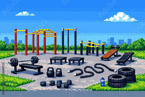 Outdoor fitness park with pixel art style equipment and clear blue sky