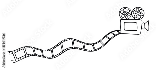 Classic film camera with a winding movie reel strip creating a dynamic visual for cinema events, entertainment promotions, or video production company branding