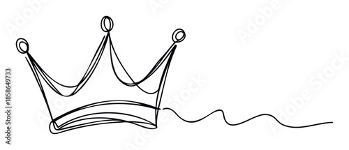 Stylized continuous line artwork featuring a majestic crown gracefully connected to a flowing wavy trail, suitable for various graphic applications, elegant logos, or sophisticated web