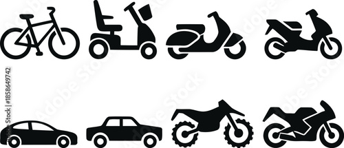 Various vehicle silhouettes including cars, motorcycles, and bicycles