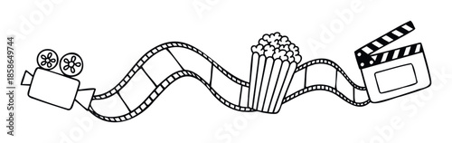 Doodle style black and white illustration of film production essentials like a camera, wavy filmstrip, popcorn bucket, and an open clapperboard for media graphics and entertainment content