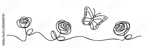 Elegant continuous line drawing featuring stylized roses and a graceful butterfly, ideal for minimalist decor, contemporary branding, and sophisticated print applications.