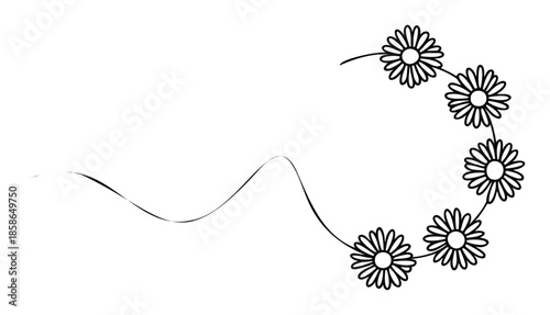Simple black and white line drawing of outline daisy flowers arranged in a curving arc with a delicate wavy stem, perfect for naturethemed graphic projects and decorative accents.