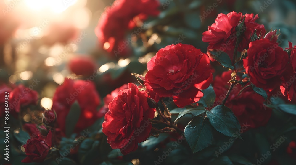 Obraz premium Close-up of vibrant red roses blooming in soft, warm sunlight.