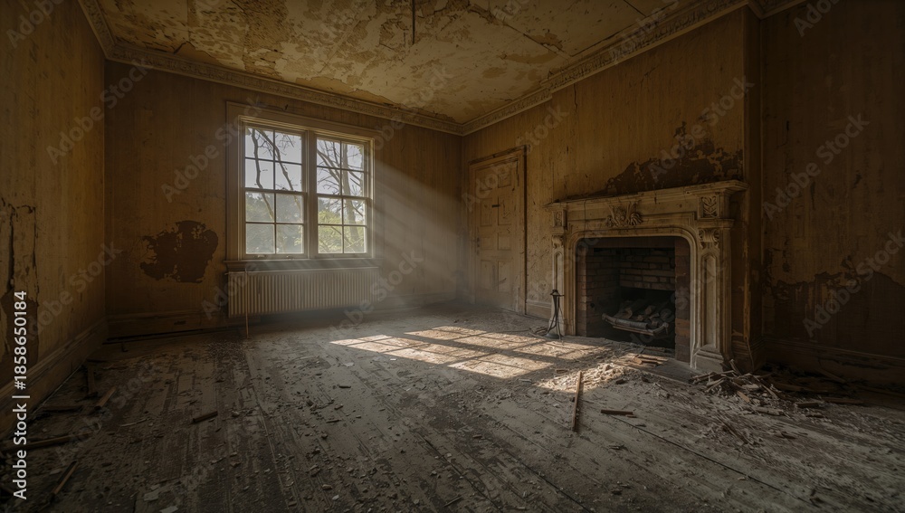 Naklejka premium Dilapidated home interior illuminated by natural light, highlighting neglect and structural deterioration