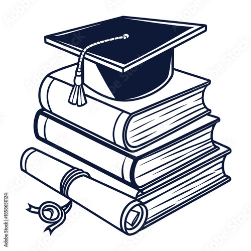 Flat vector illustration of academic books stacked with a graduation cap, representing educational achievements and university graduation.