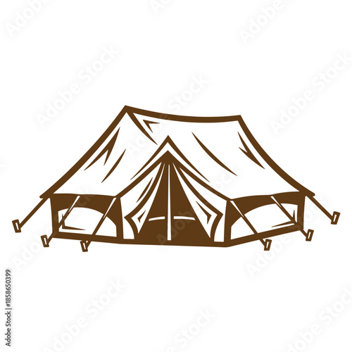 Vintage Brown tent illustration for camping and outdoor adventures with fabric roof and poles