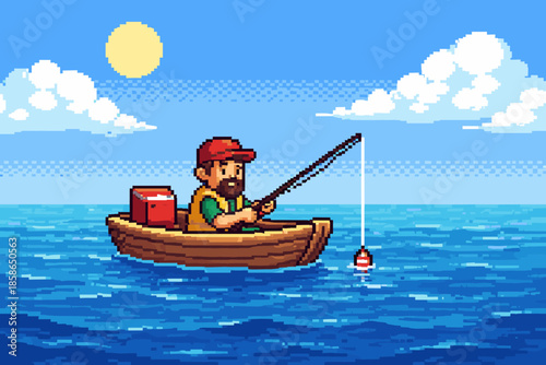 Retro pixel art: man fishing in a boat on a sunny day