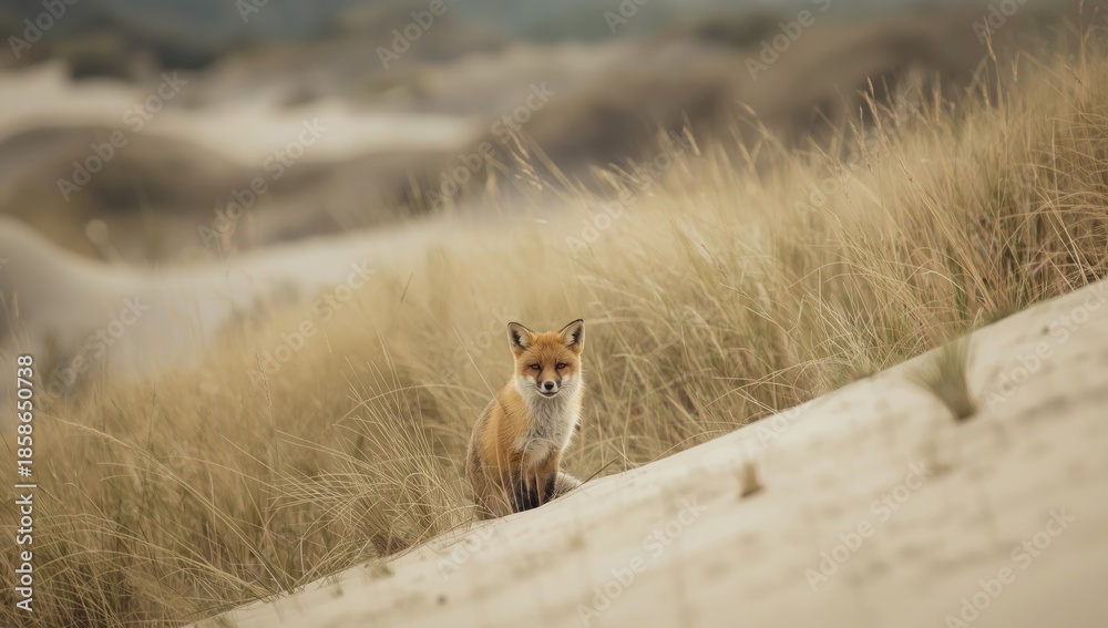 Fototapeta premium Vulpes vulpes resting in dune landscape close to water infrastructure, highlighting wildlife habitats