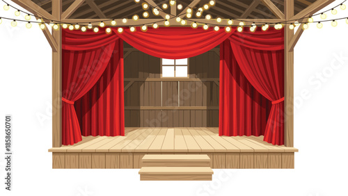 Inviting rustic wooden stage featuring elegant red curtains and festive string lights, creating a charming atmosphere ideal for a barn theater or lively outdoor performance.