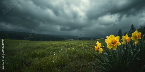 Bright yellow daffodils blo...