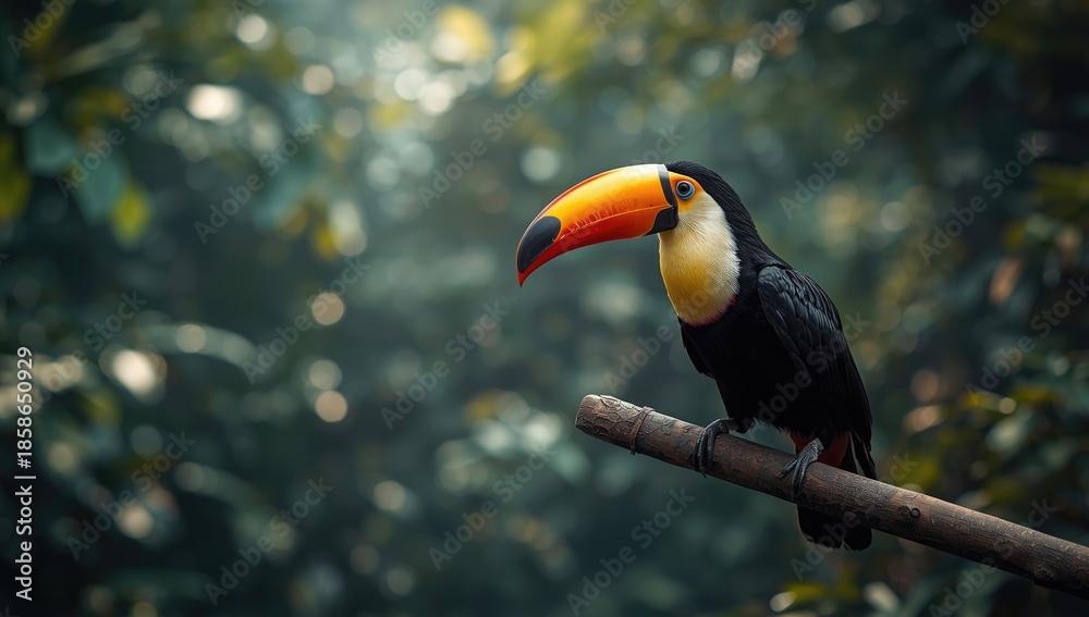 Obraz premium Brightly colored toucan resting in dense jungle foliage, highlighting tropical bird habitat preservation