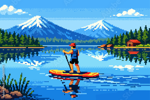 Paddleboarding adventure on a mountain lake in vibrant retro pixel style