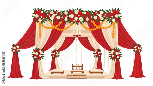 Exquisitely decorated traditional Indian wedding mandap or altar, adorned with luxurious red and white drapes and abundant vibrant floral arrangements, prepared for a beautiful ceremony.