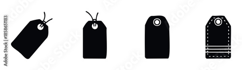 Collection of modern black price tags with diverse shapes and string attachments ideal for conveying important product information, sale announcements, and retail branding.
