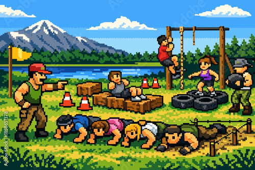 Retro pixel art outdoor training course with participants in action