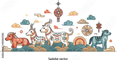 Colorful illustration depicting four stylized animals representing the Chinese zodiac cycle standing above stylized waves with festive lanterns and clouds overhead