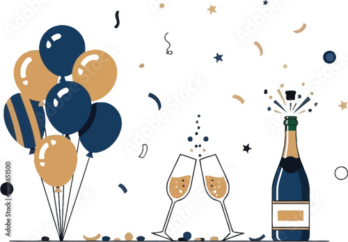 Minimalist illustration depicts a celebratory scene featuring gold and navy blue balloons, clinking champagne flutes, and an open bottle surrounded by festive confetti.