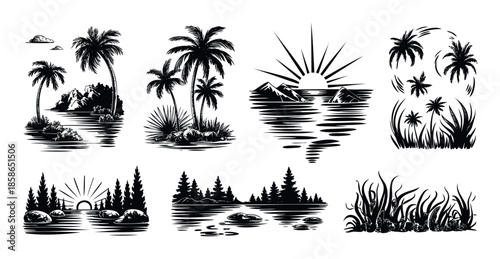 Collection of natural black and white landscapes featuring tropical palm tree islands, serene mountain lakes with sunrises and sunsets, and various plants for travel and outdoor designs