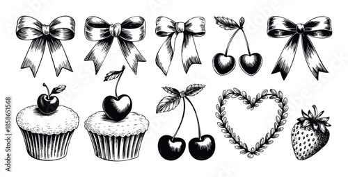 Hand drawn collection of decorative bows, sweet cupcakes with cherries, fresh berries, and an elegant botanical heart wreath, perfect for charming celebration and gift designs.