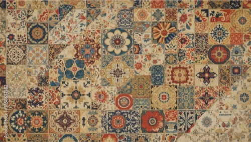 Hand drawn abstract tile pattern with a patchwork effect, suitable for Portuguese and Spain decor, World Cultural Heritage Day