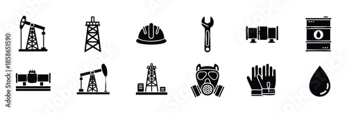 Oil and gas industry equipment and safety icons including pumpjacks, rigs, pipelines, barrel, hard hat, wrench, mask, and gloves for energy sector projects