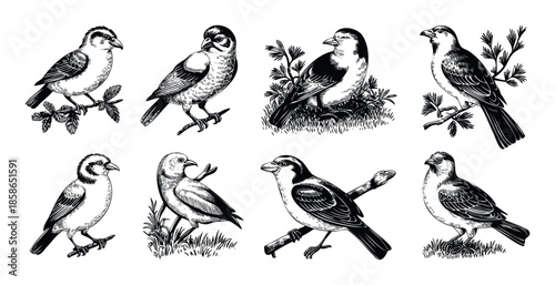 Collection of hand drawn small songbirds perched on branches and standing in grass, perfect for vintage nature designs, educational materials, and wildlife conservation publications