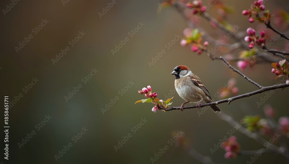 Fototapeta premium A small bird resting on a flowering apple tree branch during springtime, highlighting urban wildlife