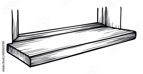 Minimalist hand drawn wooden shelf suitable for illustrating home interior concepts, organizing items, or showcasing retail products in various commercial presentations