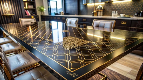 Luxurious dining room table featuring a striking geometric gold inlay design on a dark, reflective surface surrounded by plush seating and modern cabinetry