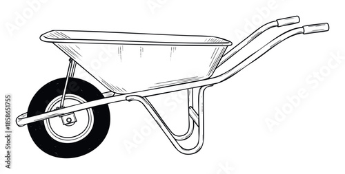 Detailed black and white line drawing of a classic wheelbarrow, perfect for agricultural guides, home renovation projects, or toolrelated informational content.