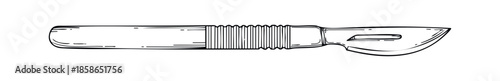 Essential medical scalpel cutting tool depicted in a precise black and white line drawing, ideal for health care graphics, scientific illustrations, or professional equipment displays.