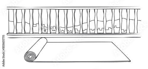 Black outline drawing of a yoga mat partially unrolled on a floor with a balcony view of a city skyline, perfect for wellness, exercise, and home fitness promotional materials or
