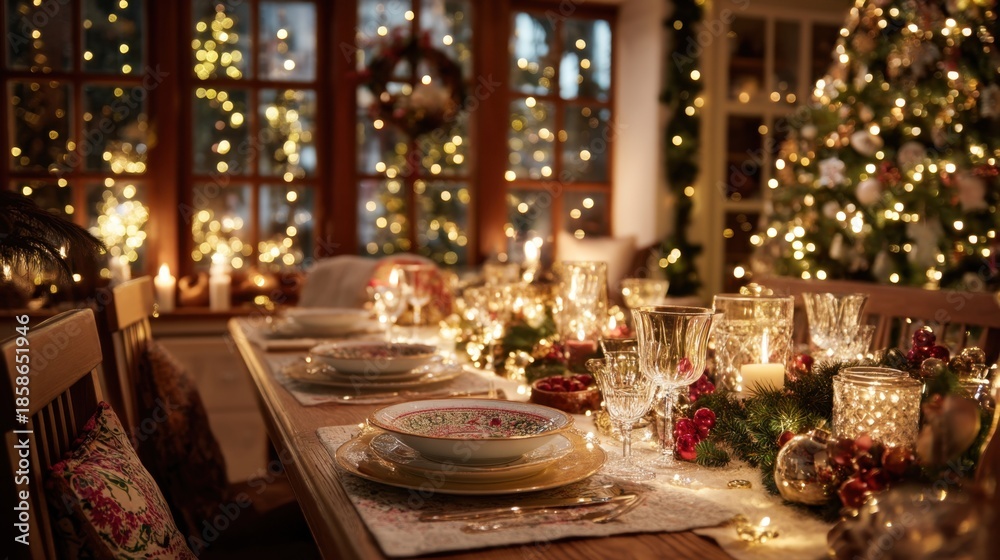 Fototapeta premium A beautifully decorated Christmas dinner table adorned with elegant dinnerware and festive decorations. Warm candlelight and twinkling lights create a cozy and inviting holiday atmosphere.